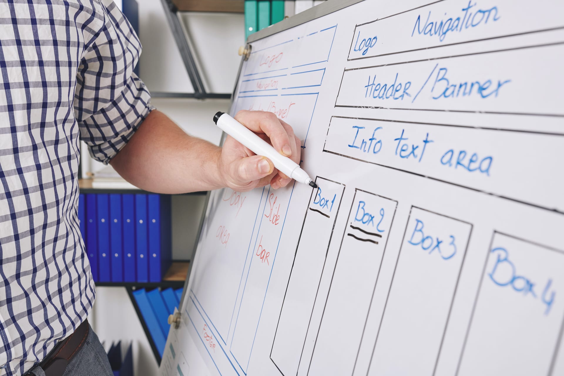 A close-up image of a UX designer describing website interface layout to colleagues at a meeting