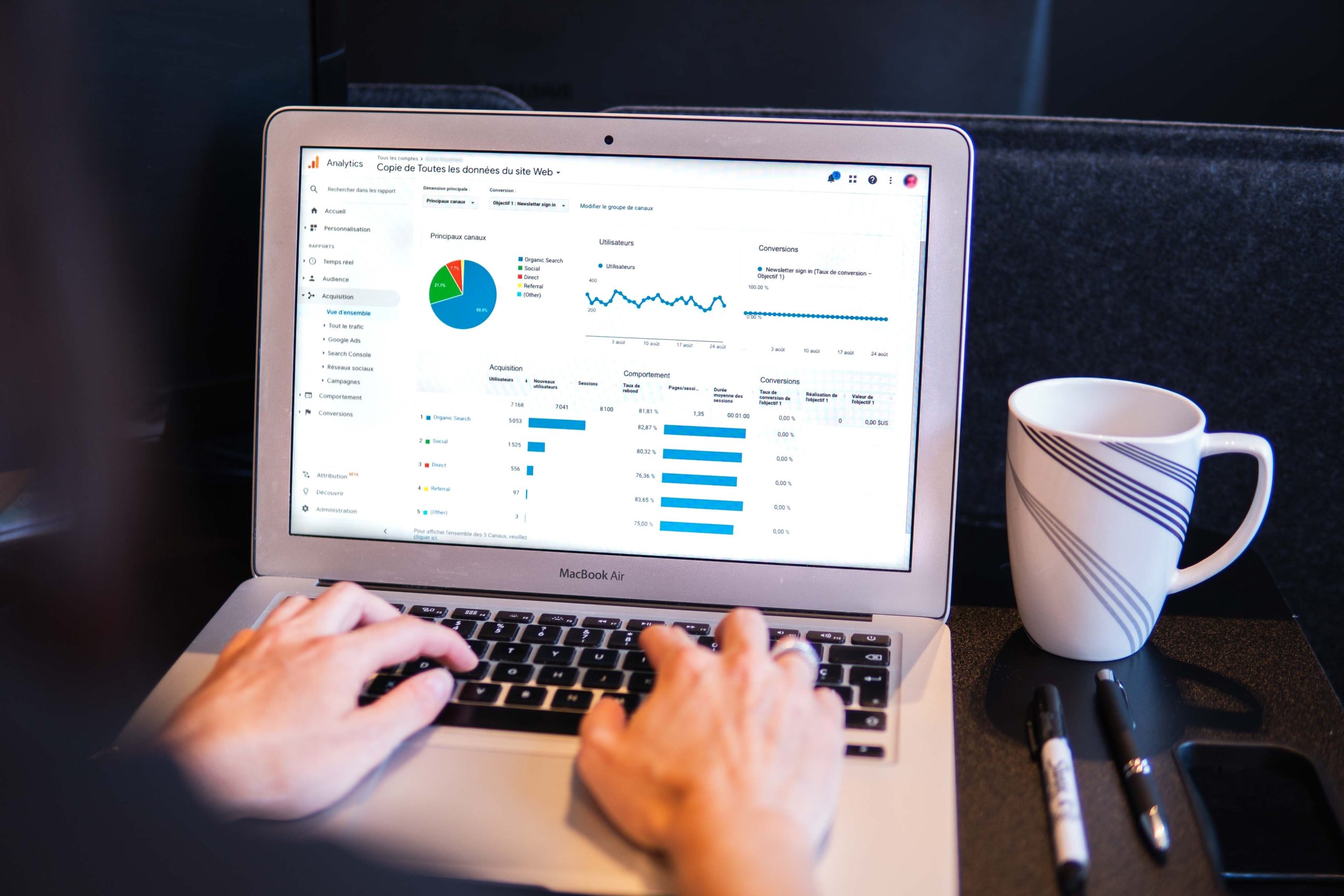 A laptop with website analytics on the screen and a white mug and pens