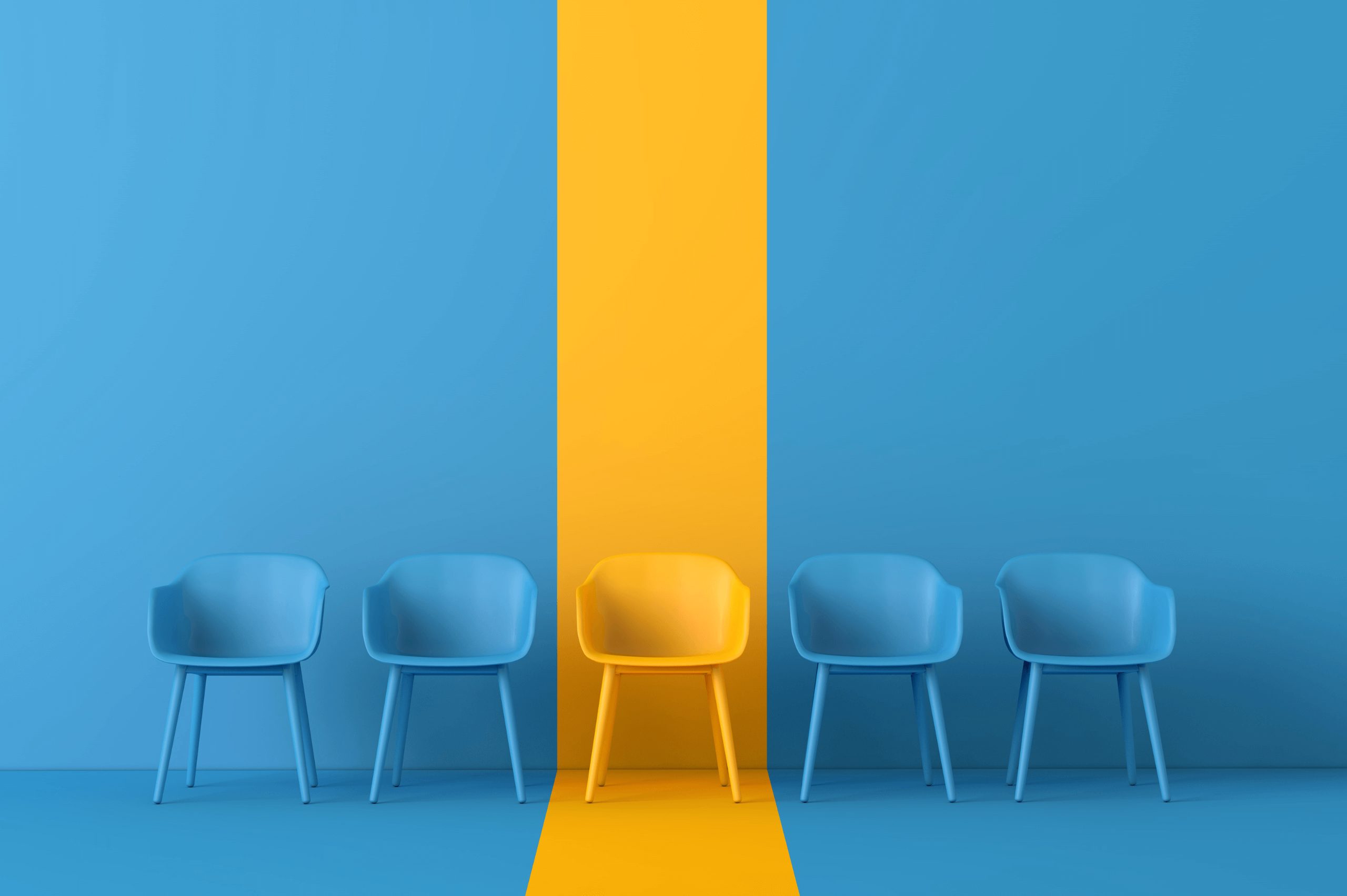 a unique value proposition concept: yellow chair standing out from the crowd