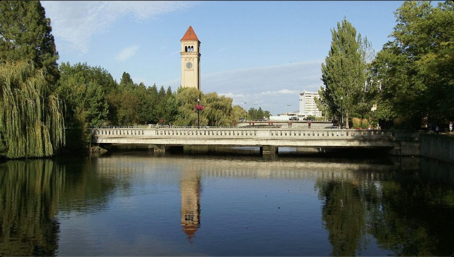 Spokane Riverfront Park Clock Tower reflection on a river