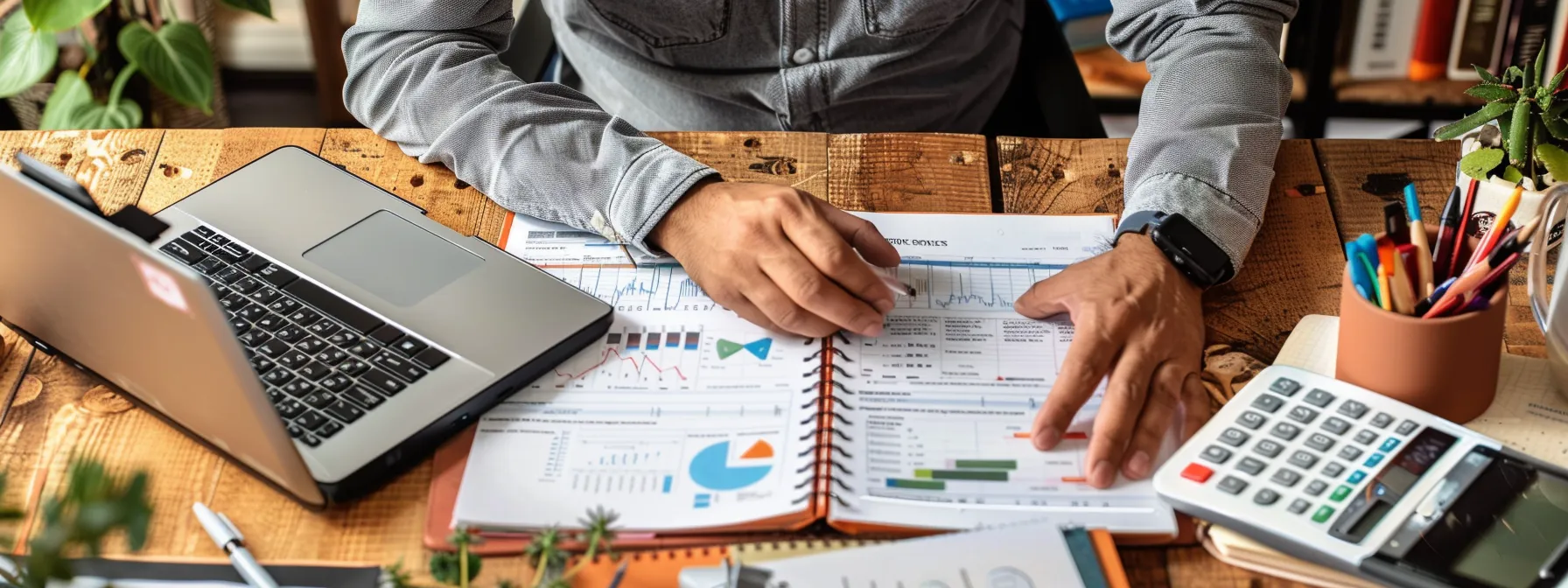 a business owner sitting at a desk, surrounded by a laptop, notebook, and calculator, carefully outlining a budget and timeline for their upcoming website project.