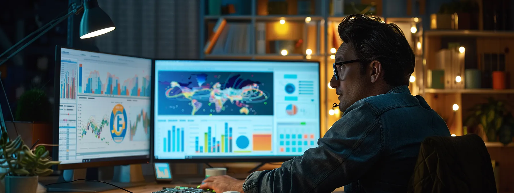 a designer carefully studying a detailed customer profile on a computer screen with colorful analytics charts and user journey maps spread out on the desk.