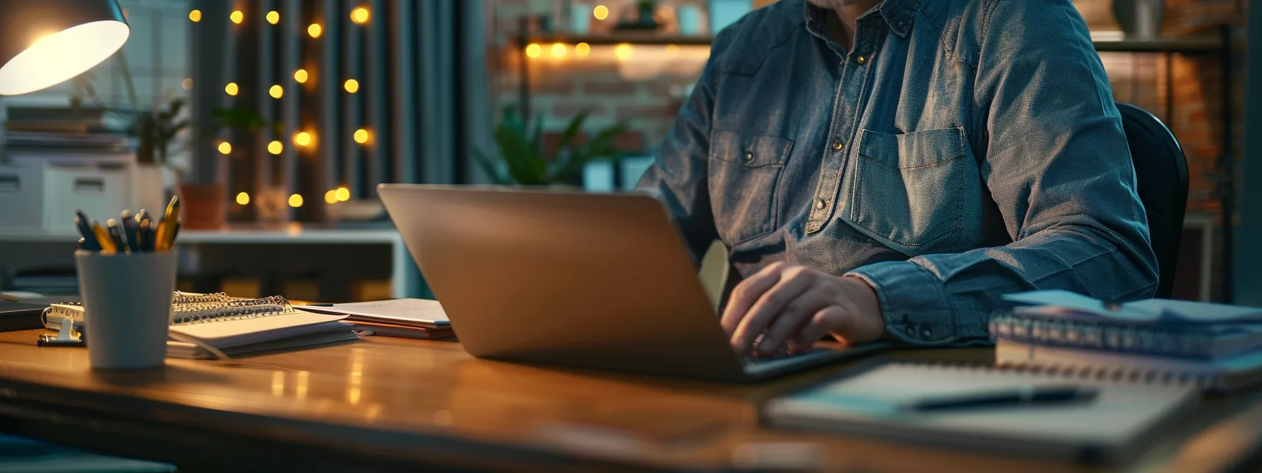 a business owner sitting at a desk with a laptop, surrounded by notebooks filled with questions and discussion points for a website design consultation.