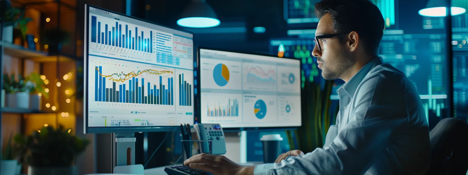 a business owner analyzing analytics data on a computer screen, surrounded by charts and graphs, showcasing ongoing website optimization efforts.